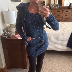 Navy Speckled Hooded Crewneck Sweater with Pom-Tie Details
